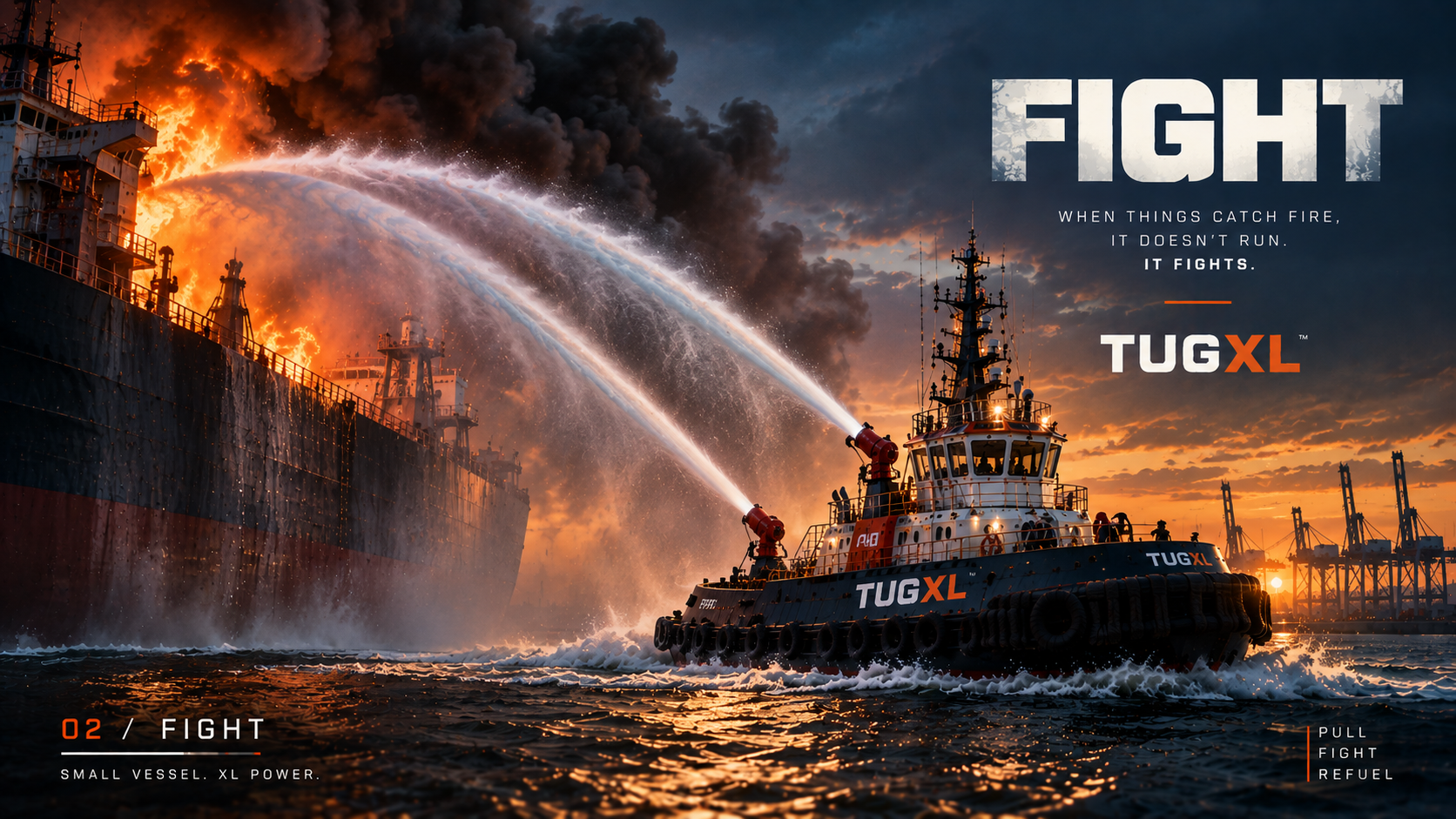 A TUGXL firefighting tugboat directing powerful water monitors at a ship fire