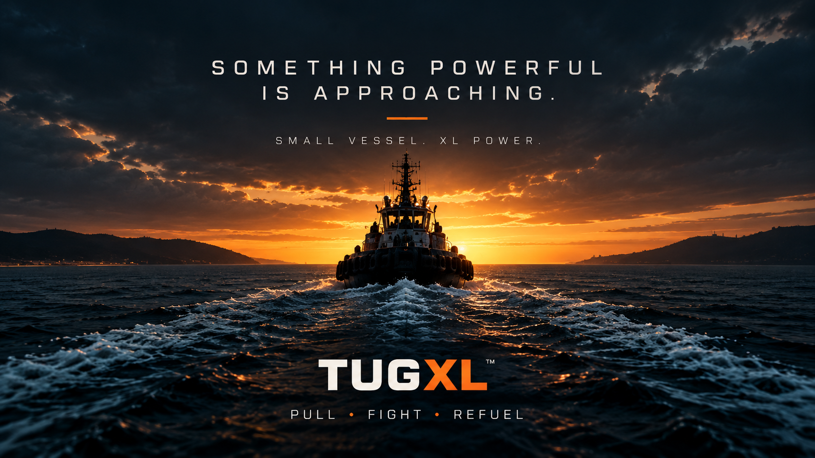 TUGXL tugboat underway at sunset; Something powerful is approaching. Small vessel. XL power.