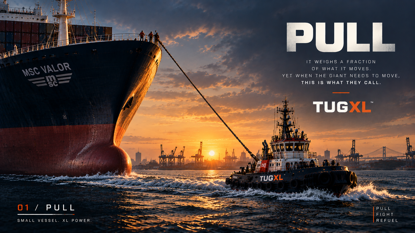 A TUGXL tugboat pulling a vastly larger cargo ship at sunset