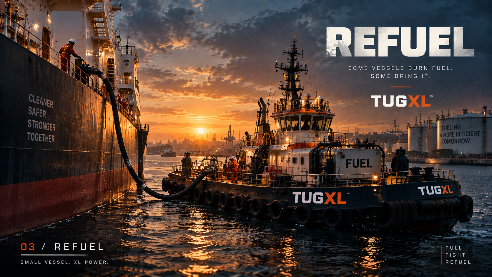 A TUGXL tugboat refueling a larger vessel in port